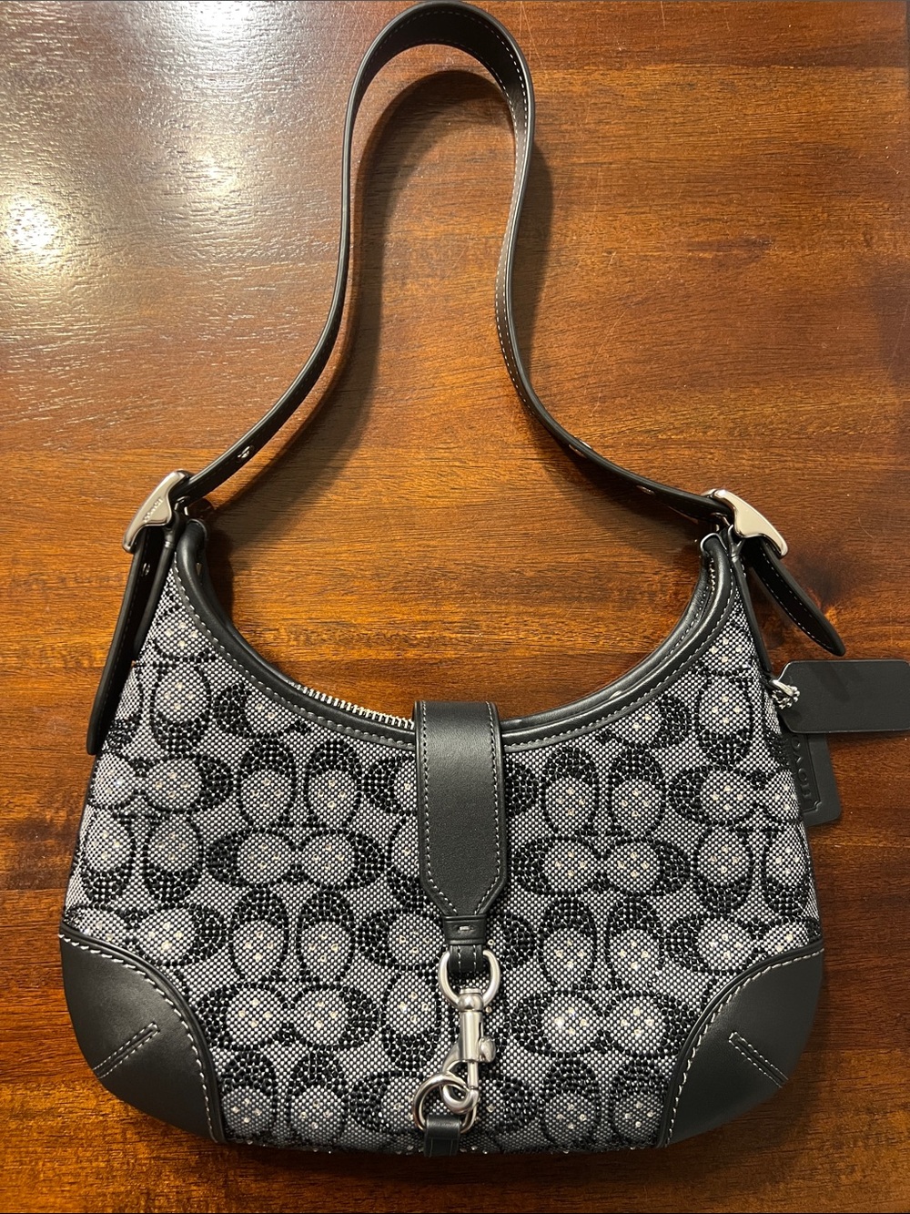 Coach Black Hamptons Hobo Signature Jacquard Crescent Shoulder Bag